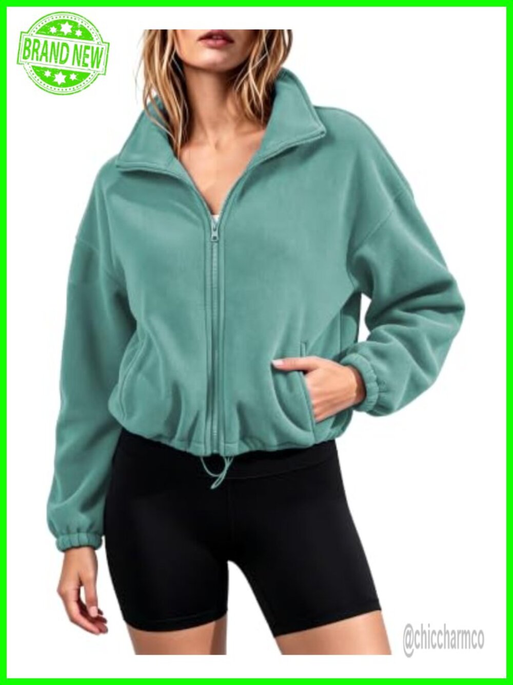 Oversized Sherpa Fleece Crop Jacket Full Zip Stand Collar Pockets